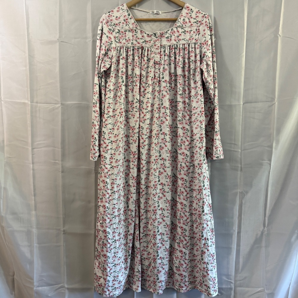 Womens Pink Floral Long Sleeve Nightgown White Sleep Dress Modest Grandma M